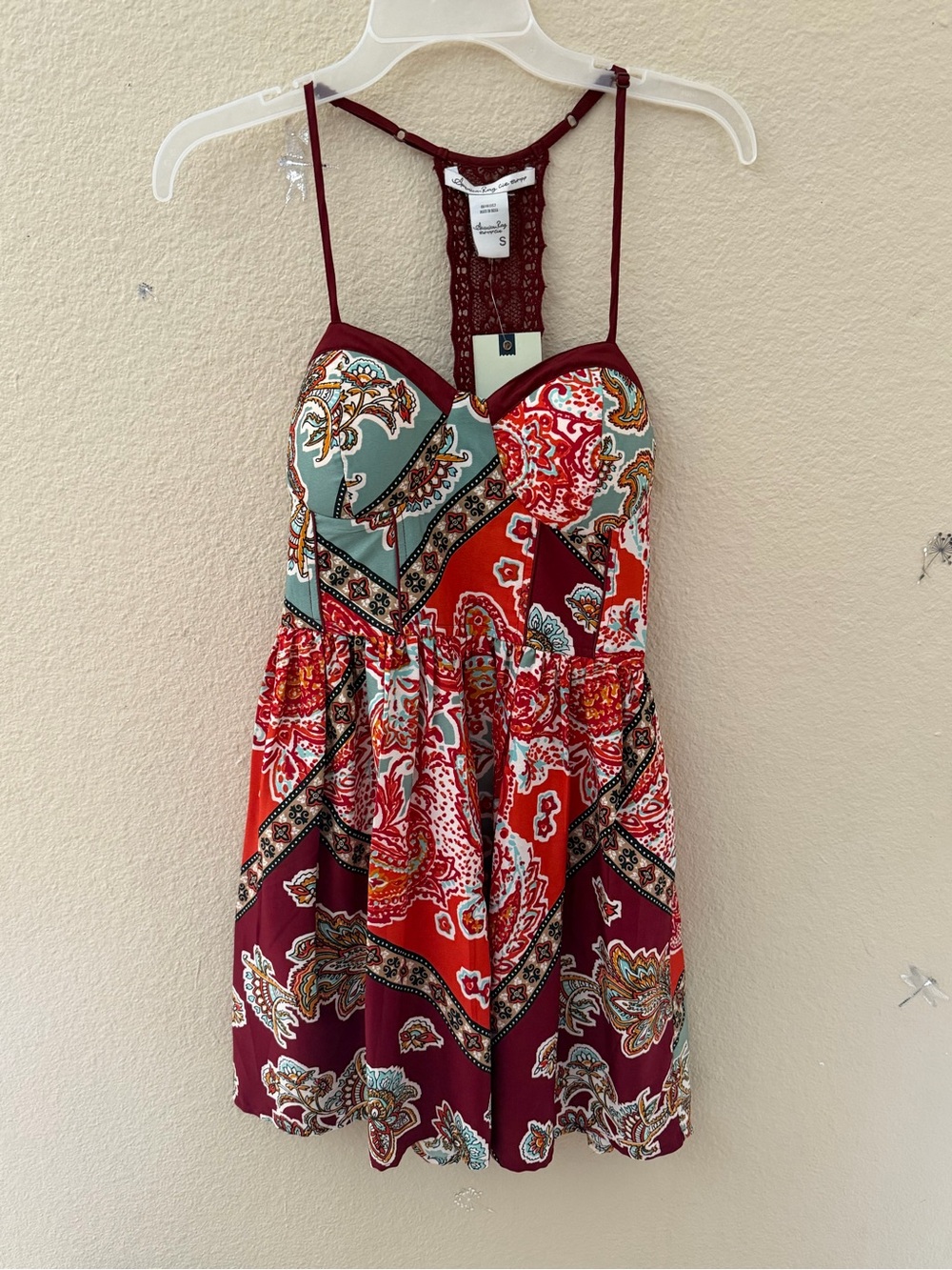American Rag Burgundy Lace-Trim Paisley Dress